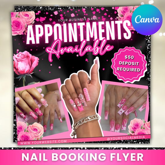 Nail Booking Flyer, Nail Flyer, Nail Tech Flyer, Nail Appointments, Book Now Flyer, Nail Deal Flyer, Nail Special Sale Flyer, Canva Editable