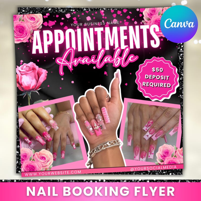 Nail Booking Flyer, Nail Flyer, Nail Tech Flyer, Nail Appointments, Book Now Flyer, Nail Deal Flyer, Nail Special Sale Flyer, Canva Editable