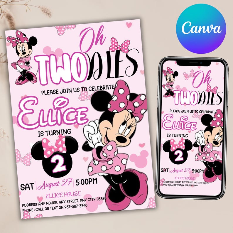 Oh TWOdles Birthday Invitation, Minnie Mouse 2nd Birthday Invitation, Oh Twodles Invitiation, Mickey Birthday Invite, Editable Oh TWOdles Birthday Invitation, Oh Twodles Invitation, Mickey Birthday Invite, Minnie Mouse 2nd Birthday Invitation, Digital 2nd Birthday Cute Mouse Second Birthday Invite Oh Twodles Invitation Boho Minnie Invite, Mickey Mouse Invitations, Mouse Editable Invitation, Mickey Twodles invite, Birthday Invitation, Birthday Party Invitation, Canva Template