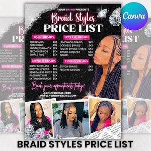 Braids Pricelist, Braids Pricelist Flyer, Knotless Braids Flyer, Beauty Salon Price Sheet, Premade Lash hair Nails Pricelist, Canva Editable