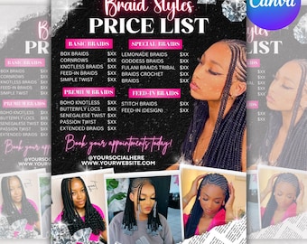 Braids Pricelist, Braids Pricelist Flyer, Knotless Braids Flyer, Beauty Salon Price Sheet, Premade Lash hair Nails Pricelist, Canva Editable