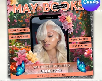 May Booking Flyer, Mothers Day Booking Flyer, May Books open, Spring Break Appointments, Hair Braids Wig Lash Nail MUA Flyer, Canva Editable