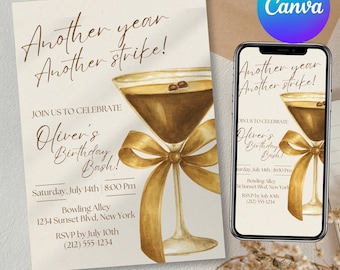 Invitación de cumpleaños para adultos mayores con temática de Tini Bit, plantilla de invitación de cumpleaños con temática de Espresso Martini, invitación elegante para cóctel, editable en Canva
