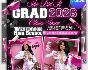 Folleto de graduación, Invitación a fiesta de graduación, Decisión universitaria, Folleto de la promoción de 2026, Anuncio de graduación de último año, Editable en Canva