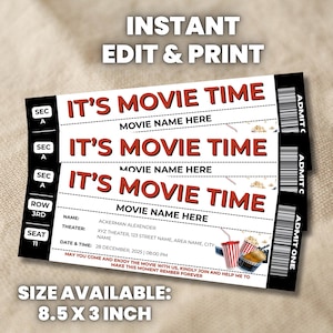 Peut inclure: Des billets de cinéma imprimables avec le texte "IT'S MOVIE TIME" en rouge. Les billets comprennent un espace pour le nom du film, ainsi que des détails tels que le cinéma, la date et l'heure. La taille est de 21,6 x 7,6 cm.
