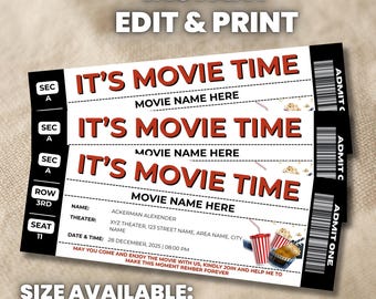 Movie Gift Ticket Template, Movie Ticket Birthday Party, Digital Cinema Themed Gift Reveal Ticket, Printable Boarding Pass, Canva Editable