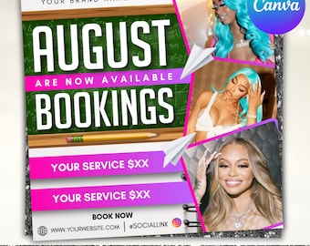 Bokningsflyer för augusti, mötesflyer för augusti, flygblad för skolstart, flygblad för skolstartsrea, flygblad för hårflätor, fransperuker, redigerbar Canva