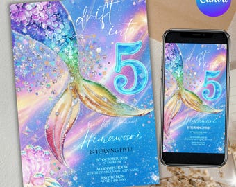 Invitación de sirena para su quinto cumpleaños, invitación submarina, invitación de cumpleaños con cola brillante, fiesta submarina, editable en Canva