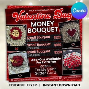 Valentinstag Flyer, Valentinstag Geldstrauß Preisliste Flyer, Flyer für Geldstrauß, Blumen Business Flyer, Geldstrauß, Canva Bearbeitbar