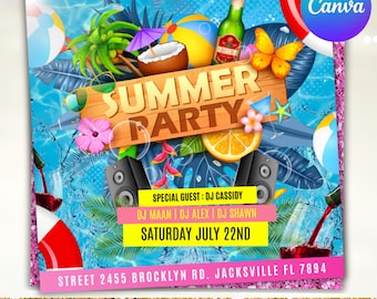 Summer Pool Party Flyer: Beach Event, DJ Invite (Canva Editable)