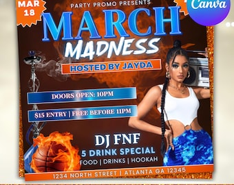 March Madness Club-flyer, Feestflyer, Evenementenflyer, Clubflyersjabloon, Nachtclubflyer, Ladies Night-flyer, Barflyer, Canva bewerkbaar