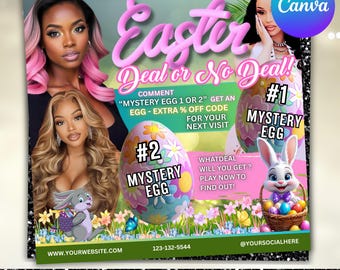 Folleto de reservas de Pascua, folleto especial de Pascua, ofertas de Pascua, libros de Pascua abiertos en marzo, citas, cabello, trenzas, pestañas y pelucas, Canva editable