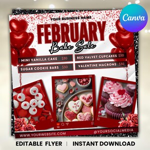 Flyer bakverkoop februari, bakkerijflyer, flyer met zoete lekkernijen, Valentijnsdessertflyer, bakkerijflyer Gebakflyer, taartflyer, canvas bewerkbaar
