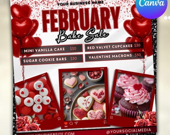 Folleto de venta de pasteles de febrero, folleto de panadería, folleto de dulces, folleto de postres de San Valentín, folleto de pastelería, folleto de pasteles, folleto editable en Canva.