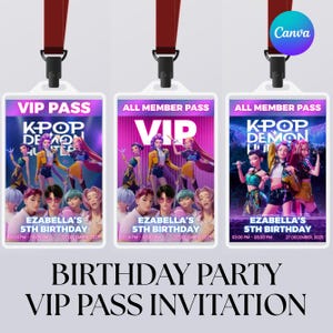 May include: Three VIP pass invitations with red lanyards. Each pass features a K-Pop group illustration and text that reads "VIP PASS", "ALL MEMBER PASS", and "EZABELLA'S 5TH BIRTHDAY". The bottom text says "BIRTHDAY PARTY VIP PASS INVITATION".