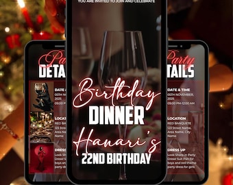 Elegante video de invitación digital para cena de cumpleaños, texto animado de Evite, invitación editable para fiesta de cumpleaños, cumpleaños, Canva editable