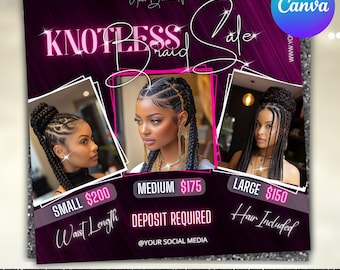 Knotless Braid Sale Flyer, Booking Flyer, Hair Stylist, Knotless Hair Braids Wigs Social Media Template, Hair Salon Flyer, Canva Editable