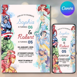 Könnte beinhalten: Eine individuelle Einladung mit Disney-Prinzessinnen und Marvel-Superhelden. Die Einladung enthält die Namen Sophia und Robert, ihre Alter, das Datum, die Uhrzeit und den Ort der Veranstaltung sowie eine Telefonnummer zur RSVP.