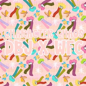Può includere: Un motivo ripetitivo su sfondo rosa chiaro con creature dei cartoni animati a due arti, occhi grandi e capelli colorati, intervallate da piccole figure alate e stelle bianche. Il testo recita CHARACTER CHAOS DBJ X WFC.