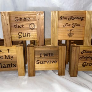 May include: A collection of wooden planters with engraved text and designs. One reads "Gimme that Sun" with a sun graphic. Another says "I'm Rooting For You" with a sprout. Other planters say "I Wet My Plants", "I Will Survive", and "Thanks for Helping Me Grow".