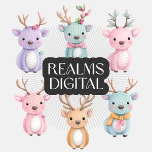 かわいい漫画の水彩画、パステルカラーの鹿、トナカイのクリップアート、オンデマンド印刷製品やクリエイティブ プロジェクト用のクリップアート。