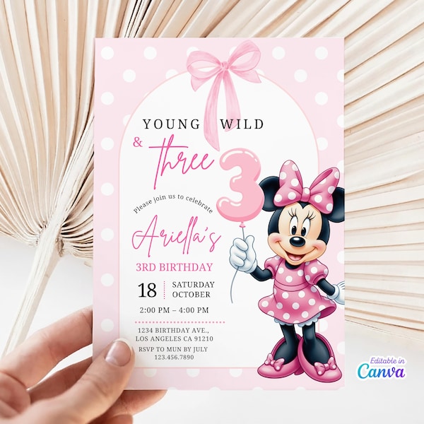 Young Wild and Three Minnie Mouse Birthday Invitation, Pink Minnie 3rd Birthday Invite, Girl Party Template, Editable Canva Digital Download