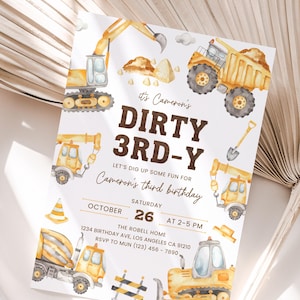 Dirty 3rd Birthday Invitation, Watercolor Construction Theme Party Invite Boy (Digital Download)