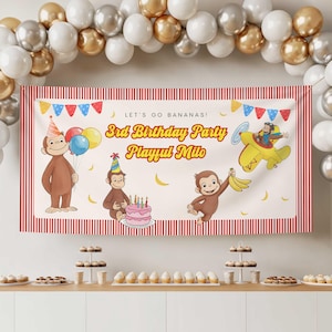 May include: A rectangular birthday party banner featuring illustrations of monkeys, a cake, and a yellow airplane. The text reads Let's Go Bananas! 3rd Birthday Party Playful Milo. The banner has a red and white striped border and colorful bunting.
