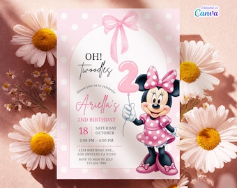 Oh Twoodles Minnie Mouse 2nd Birthday Invitation, Pink Polka Dot Girl Invite (Editable Template)