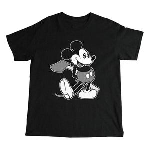 May include: Black and white graphic t-shirt featuring a cartoon image of Mickey Mouse holding an axe. Mickey Mouse has a sinister expression with red eyes and a toothy grin. The text "666" is visible on his forehead.