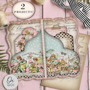 Op de afbeelding: Papierknutselprojecten met een feeënprinsessenthema. De projecten omvatten decoratieve folio-ontwerpen met vintage illustraties van feeën, kikkers en bloemaccenten. Het kleurenpalet omvat roze, blauwe en crèmetinten. De tekst luidt "Fairy Princess".