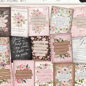 Karty z wersetami biblijnymi do druku, wydruki z fragmentami Pisma Świętego, fragmenty, zestaw do pisania pamiętnika, studium Biblii, pamiątkowe drobiazgi z motywem róży w stylu vintage, kwiaty, dziennik modlitewny