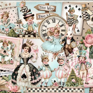 以下が含まれることがあります： 「不思議の国のアリス」のイラストが特徴の、印刷可能なエフェメラのコラージュ。マッドハッター、白ウサギ、アリスなどのキャラクター、トランプ、時計、花の要素が含まれています。パステルピンク、ブルー、クリーム色などのソフトな色使いです。