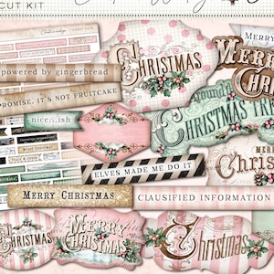 印刷可能なクリスマスワードストリップ、ヴィンテージブラウン、ピンク、ミント、黒と白の大理石のゴールドタグ、休日の引用、面白い言葉、パーティーゲーム