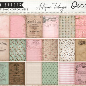 May include: A collection of 11 sheets of 5x7 inch vintage-style backgrounds. The backgrounds feature various designs, including floral patterns, ledger paper, and aged textures in shades of pink, beige, and green. The image includes text such as "Antique Tidings" and "OiGOI".