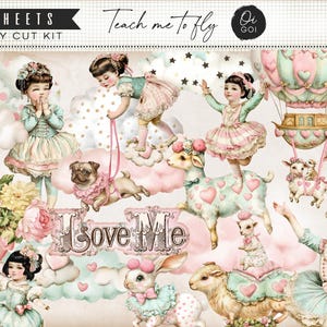 以下が含まれることがあります： ヴィンテージドレスを着た子供たちが雲のような形や動物に乗っている、気まぐれなイラスト。 熱気球、花のアクセント、そして「Teach me to fly」と「I Love Me」のテキストが含まれています。