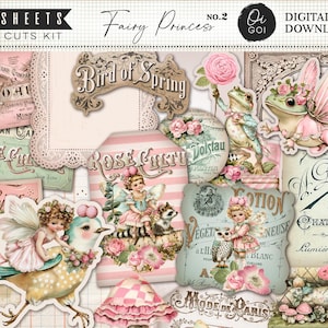 May include: A digital download kit featuring fussy cuts with a fairy princess theme. The image includes various cutouts of fairies, birds, frogs, mushrooms, and vintage-style labels in pastel pink, blue, and cream colors.