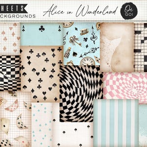 May include: A collection of 11 sheets of 5x7 inch backgrounds with an "Alice in Wonderland" theme. The backgrounds feature playing card suits, clocks, and other whimsical designs in various colors, including blue, pink, and black and white.