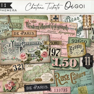 May include: A collage of vintage ephemera sheets featuring various designs. Includes tickets, labels, and advertisements with text like "Chateau Tickets", "Western Union", and "De Paris". The color palette is a mix of beige, pink, and green.