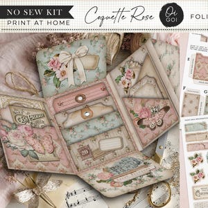 Op de afbeelding: Een printbare no-sew kit genaamd Coquette Rose Folio Flip Flap met bloemmotieven, vlinders en labels in vintage-stijl. De kit bevat vellen met uit te knippen labels, decoratieve elementen en montage-instructies voor een papieren folio.