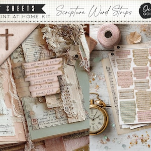 May include: A print-at-home kit with scripture word strips. The kit includes seven sheets with various Bible verses in a vintage style. The image features a cross, a clock, and decorative elements like lace and dried flowers. The text "You will keep in perfect peace" is visible.