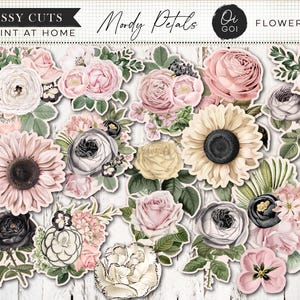 May include: A collection of printable floral cutouts titled Fussy Cuts Moody Petals by Oi Goi. The sheet features various illustrations of roses, sunflowers, and other blossoms in shades of pink, cream, black, and grey with green foliage.