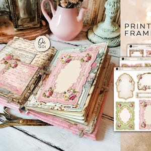 vintage rose frames junk journal kit, shabby chic roses, victorian ephemera printables, antique script, romantic floral digital paper, goi