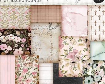May include: A collection of 12 sheets of 5"x7" backgrounds titled Floral Fairytale by Oi Goi. The set features various patterns including pink and white floral prints, grid paper, watercolor washes, vintage script, and dark textures.