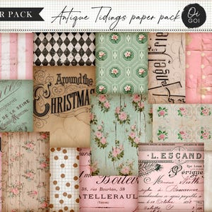 Vintage Christmas paper pack, french script documents, vintage roses, antique floral junk journal kit, scrapbooking ephemera, pink christmas