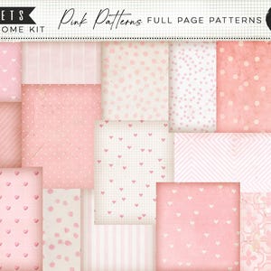 May include: A collection of 17 sheets of pink patterned paper. The designs include hearts, dots, stripes, and geometric shapes. The text "Pink Patterns" and "Print at Home Kit" are visible.
