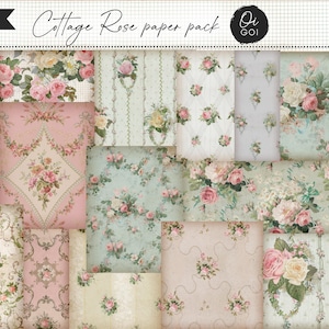 May include: A Cottage Rose paper pack featuring various floral patterns in shades of pink, cream, and sage green. The collection includes 8.5 inch by 11 inch sheets with rose bouquets, damask motifs, and trellis designs, all displayed in a grid layout.