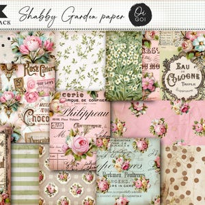 May include: A set of 16 sheets of printable Shabby Garden paper. The designs include floral patterns, vintage labels, and botanical illustrations in soft pastel colours, such as pink, blue, and green. Suitable for scrapbooking and crafting projects.