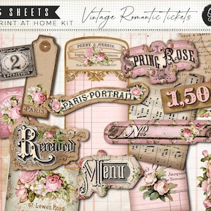 Vintage rose paper pack, romantic rose junk journal kit, number ephemera, tags and tickets, french script ledger, antique receipts, labels