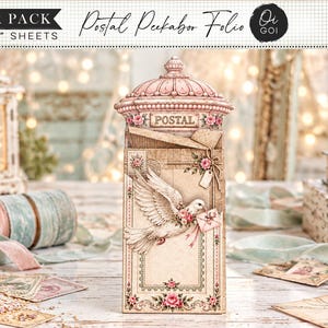 Vintage postal peekaboo folio, vintage rose paper pack, interactive junk journal kit, no sew mini book, hidden pockets, shabby chic postal